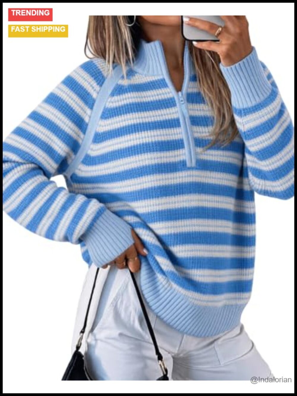 Ribbed Knit Half Zip Striped Pullover Mock Neck Thumb Hole Sweater